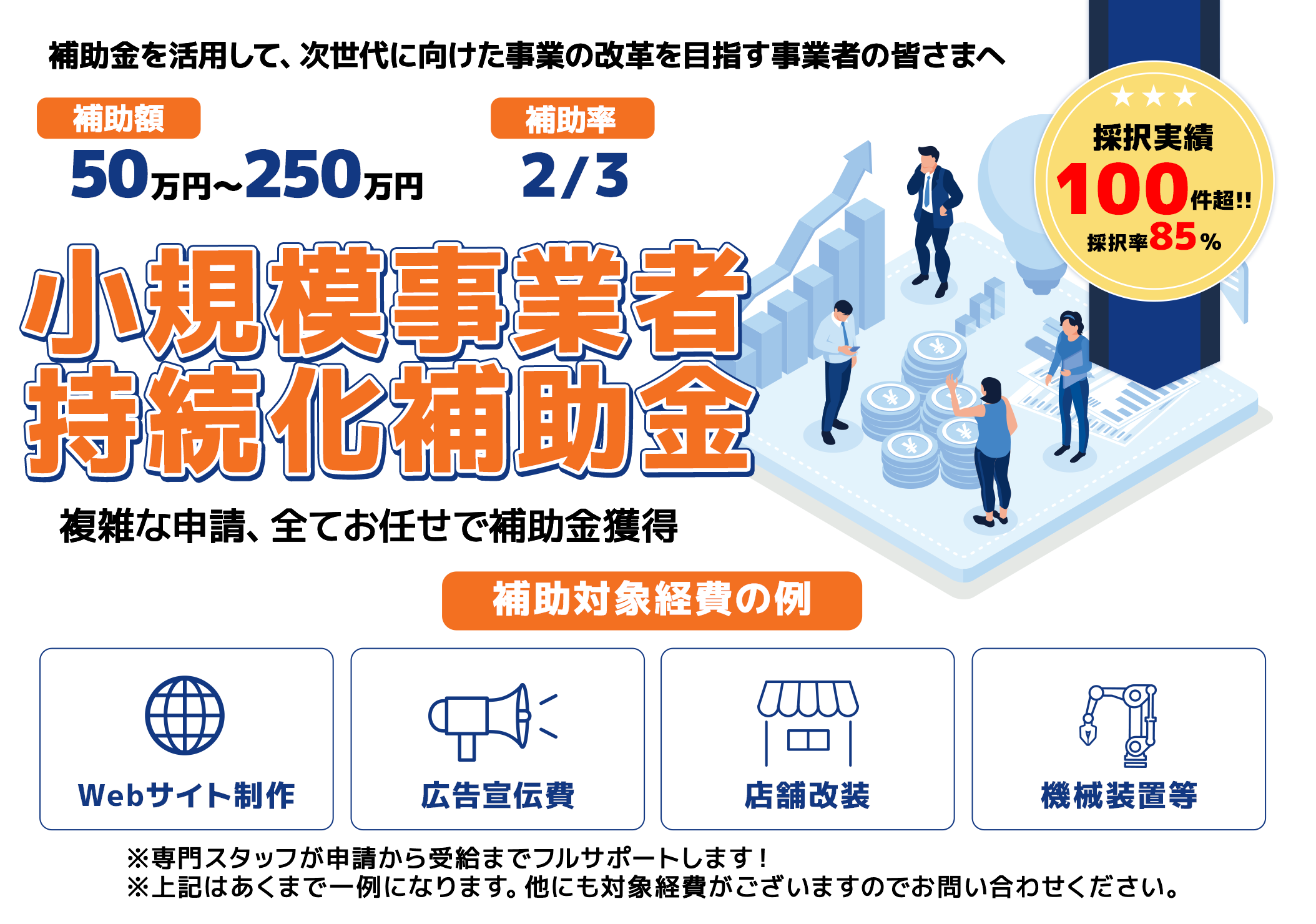 小規模事業者持続化補助金 - 補助額50万円〜250万円、補助率2/3、採択実績100件超